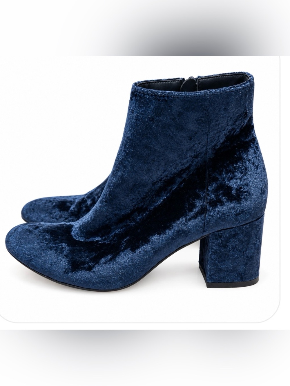 Whimsy LOFT Dark Blue Velvet Block Heel Ankle Boots